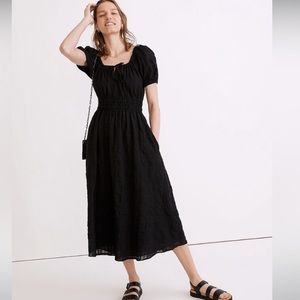 Madewell Sofia midi peasant dress seersucker check, puffy sleeves, tie front XXL